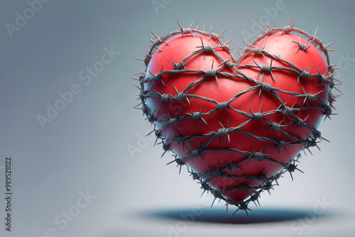 A red heart tied with barbed wire. Space for text.