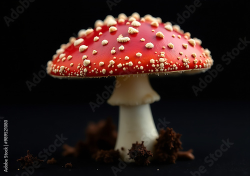 Fly Agaric mushroom (Amanita muscaria), showing its characteristic red cap with white spots, close up, black background 4K wallpaper photo