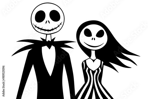 Jack And Sally Vector Illustration, Black Silhouette