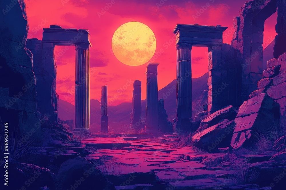 Fototapeta premium Ruins of an Ancient Civilization under a Crimson Sky