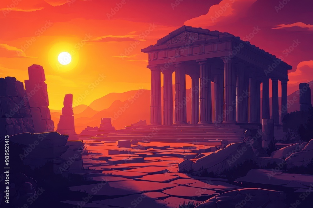 Fototapeta premium Ancient Temple Ruins at Sunset in a Desolate Landscape