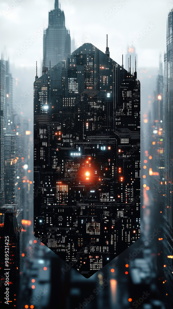 Futuristic cityscape with a glowing, circuit board-like building. Futuristic cityscape with a glowing, circuit board-like building.