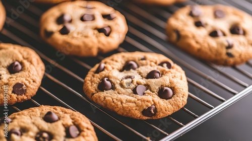 Warm chocolate chip cookies cooling on an oven rack, showcasing their fluffy texture against a dark background