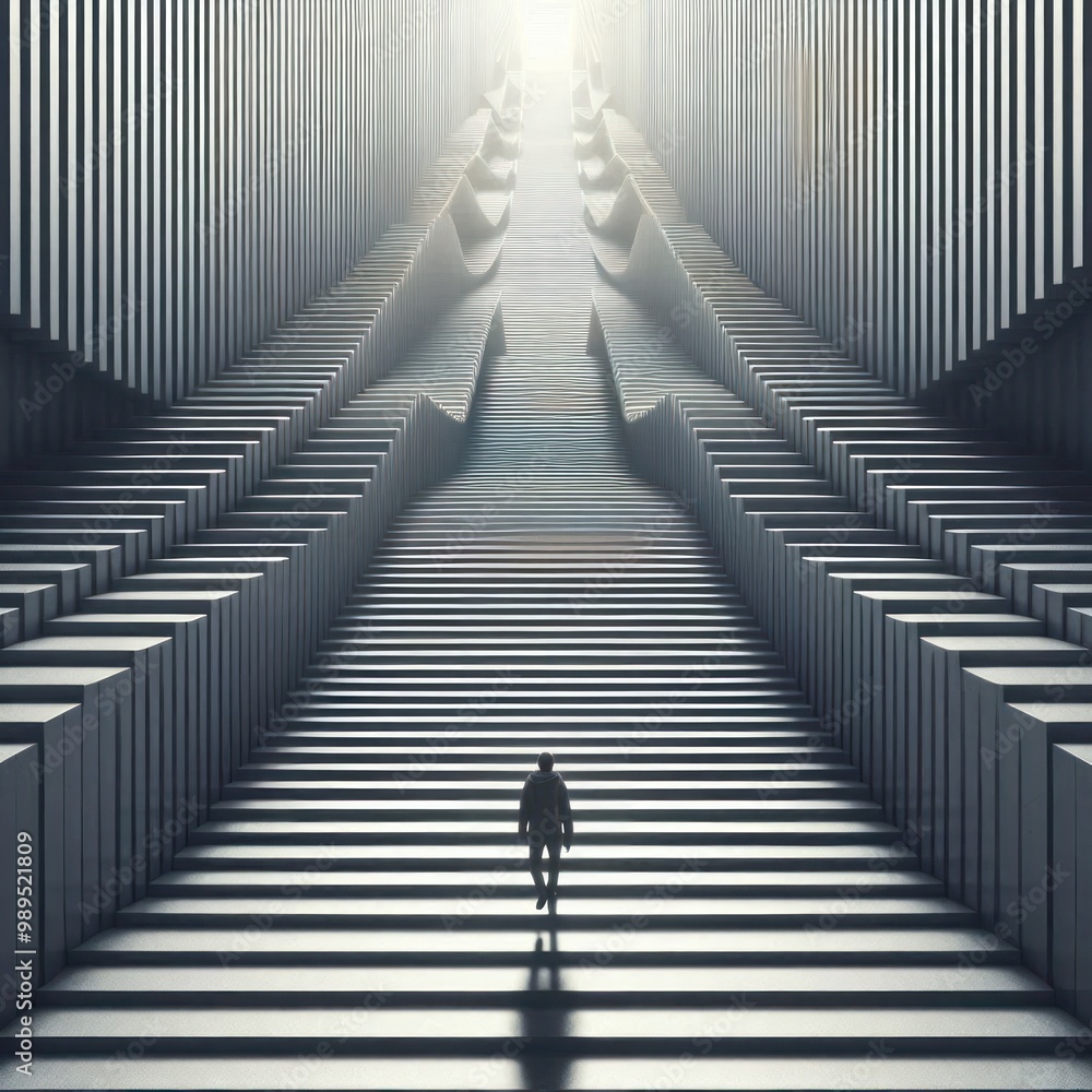 Fototapeta premium Man steps up the endless ladder into the light.