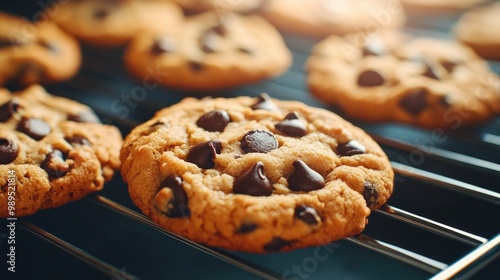 Warm chocolate chip cookies cooling on an oven rack, showcasing their fluffy texture against a dark background