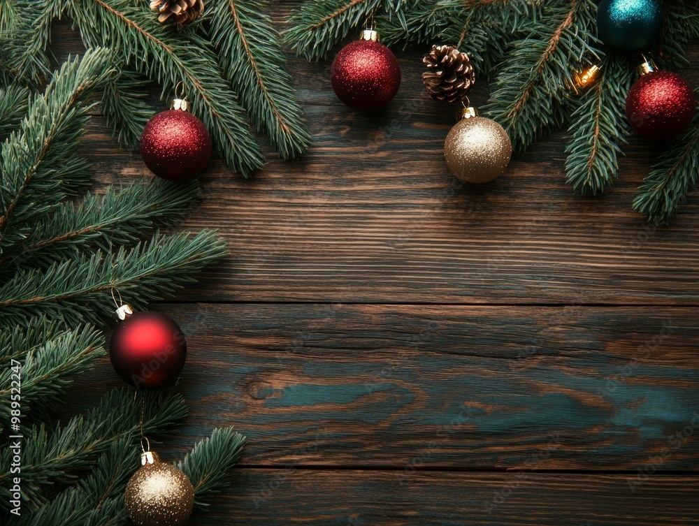 Top view Wooden background with branches of christmas tree with Christmas balls. Top view Wooden background with branches of christmas tree with Christmas balls.