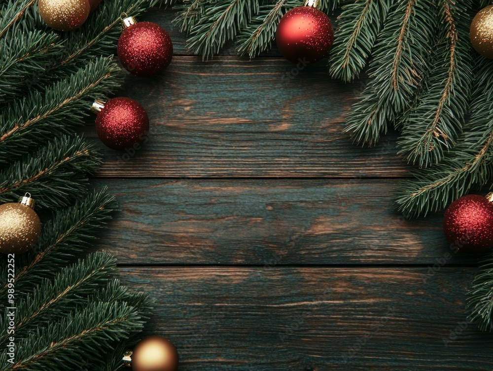 Top view Wooden background with branches of christmas tree with Christmas balls. Top view Wooden background with branches of christmas tree with Christmas balls.