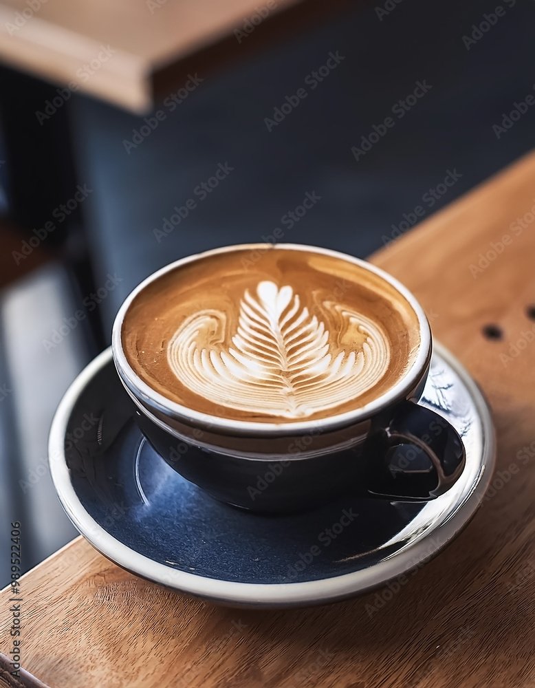 Simple coffee cup with latte art, placed on a wooden table Simple coffee cup with latte art, placed on a wooden table