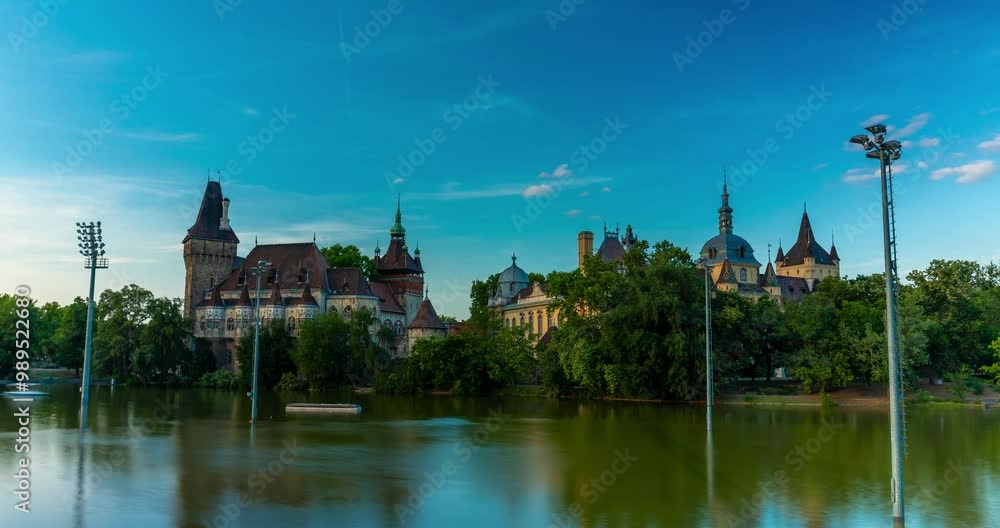 Budapest, Hungary - June 19, 2024: Vajdahunyad Castle during golden light time. Moving catamarans in the pond on the foreground. Sunny summer day, clear sky. Time-lapse, slide transition. Budapest, Hungary - June 19, 2024: Vajdahunyad Castle during golden light time. Moving catamarans in the pond on the foreground. Sunny summer day, clear sky. Time-lapse, slide transition.