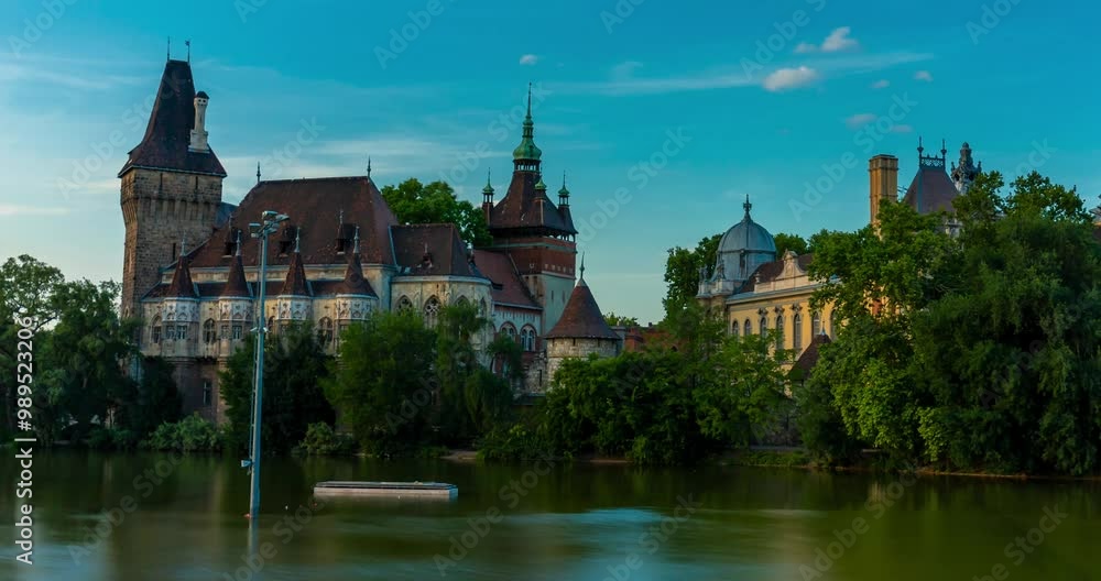 Budapest, Hungary - June 19, 2024: Vajdahunyad Castle during golden hour time. Moving catamarans in the pond on the foreground. Sunny summer day, clear sky. Time-lapse, zoom-out transition. Budapest, Hungary - June 19, 2024: Vajdahunyad Castle during golden hour time. Moving catamarans in the pond on the foreground. Sunny summer day, clear sky. Time-lapse, zoom-out transition.