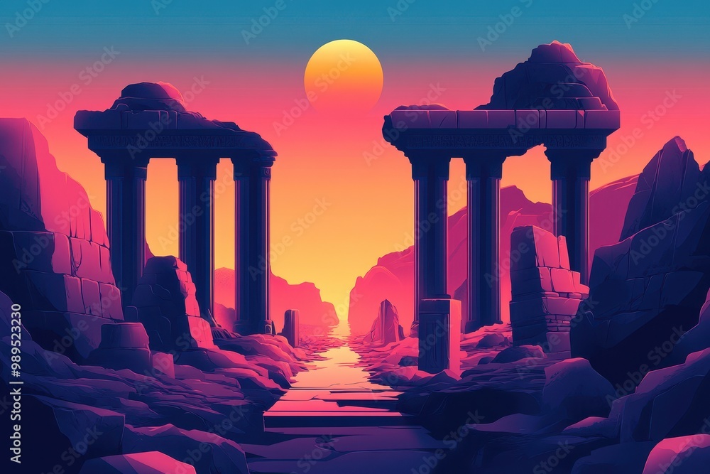 Fototapeta premium Ancient Ruins at Sunset with a Path Leading to a Distant Sun