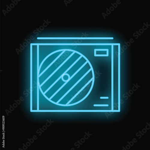 Bright blue neon sign showing a cd case on a black background