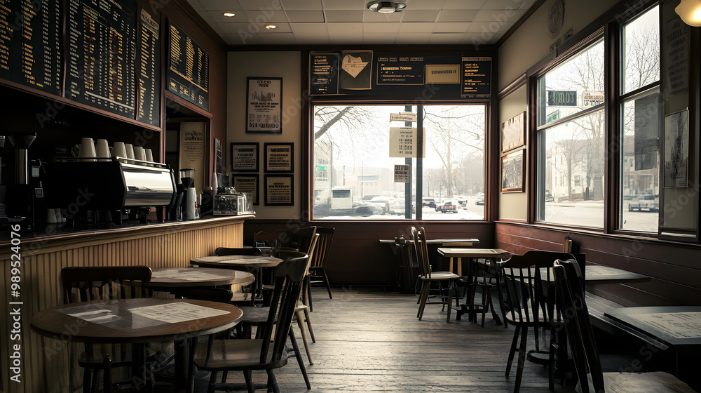 An empty coffee shop with stock market charts taped to the walls a reflection of the owners interest and impact of market downturns. An empty coffee shop with stock market charts taped to the walls a reflection of the owners interest and impact of market downturns.