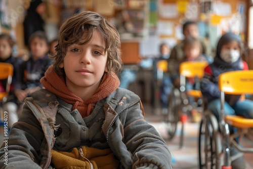 Young boy sitting at a desk in a classroom, persons with disabilities