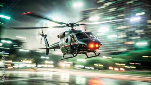 Rescue helicopter flying the the city, emergency rescue theme photo. Motion blur