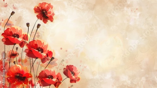 watercolor illustration, vintage postcard, Remembrance Day, last we forget, bouquet of red poppies, abstract beige background, texture of oil paint, copy space, free space for text