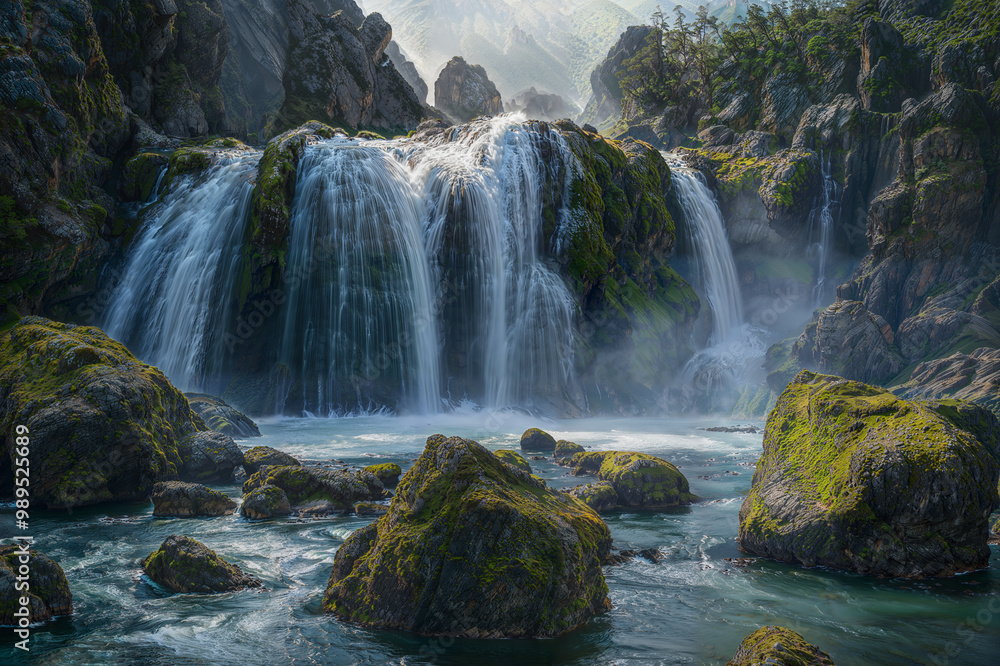Fototapeta premium Wild waterfall between high mountains