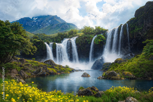 Wild waterfall between high mountains