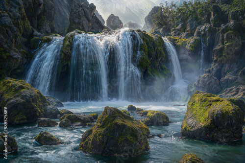 Wild waterfall between high mountains