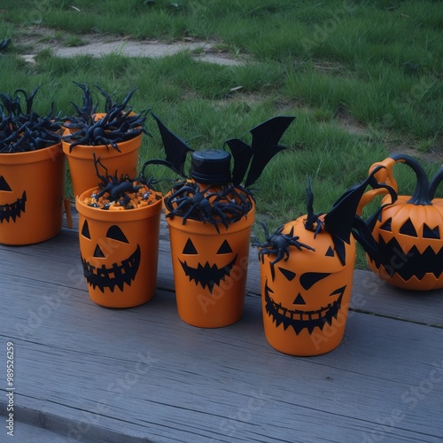 Halloween occasion idea. Masson containers with bugs, showers and wooden designs photo