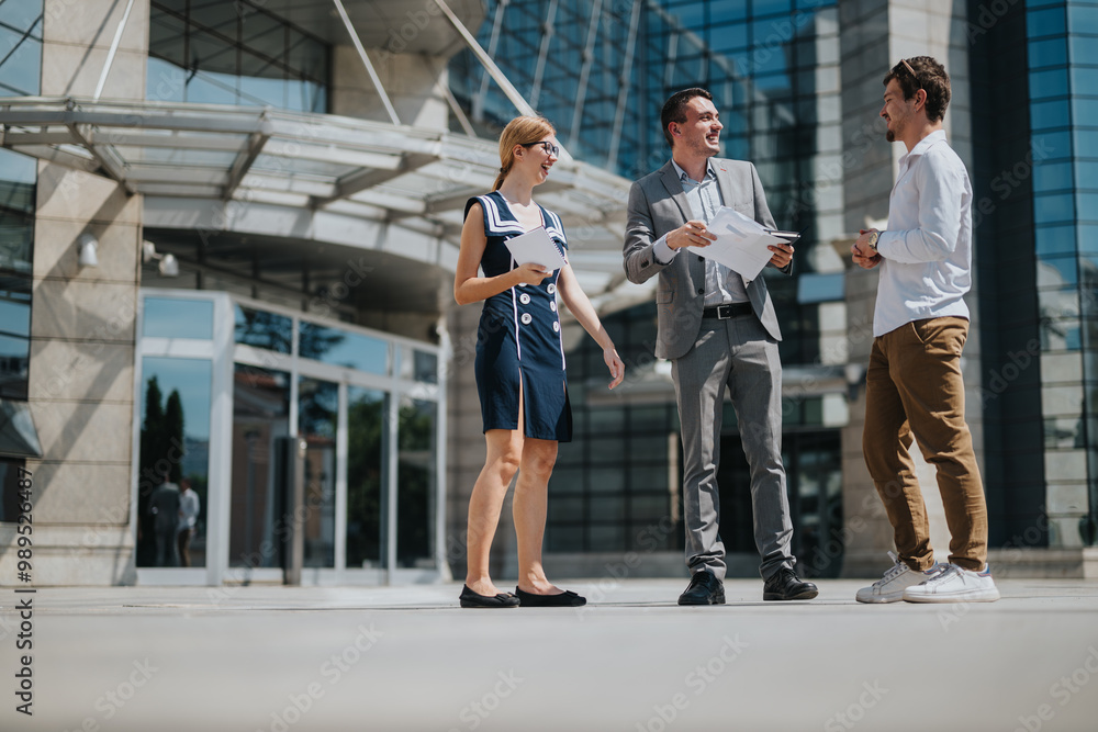 Three colleagues engaging in a lively discussion outside a contemporary office building, showcasing teamwork and professional communication in a corporate setting. Three colleagues engaging in a lively discussion outside a contemporary office building, showcasing teamwork and professional communication in a corporate setting.