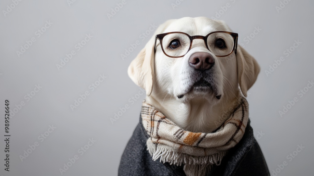 This charming dog wears glasses and a fashionable scarf, showcasing a trendy look. The neutral backdrop accentuates its adorable expression, adding to the overall warm vibe This charming dog wears glasses and a fashionable scarf, showcasing a trendy look. The neutral backdrop accentuates its adorable expression, adding to the overall warm vibe