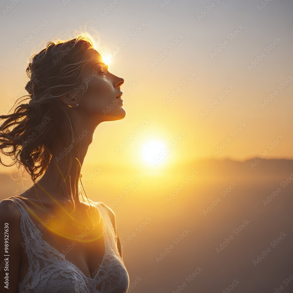 Lady with sun over mists in her mind. Psychological wellness idea Lady with sun over mists in her mind. Psychological wellness idea