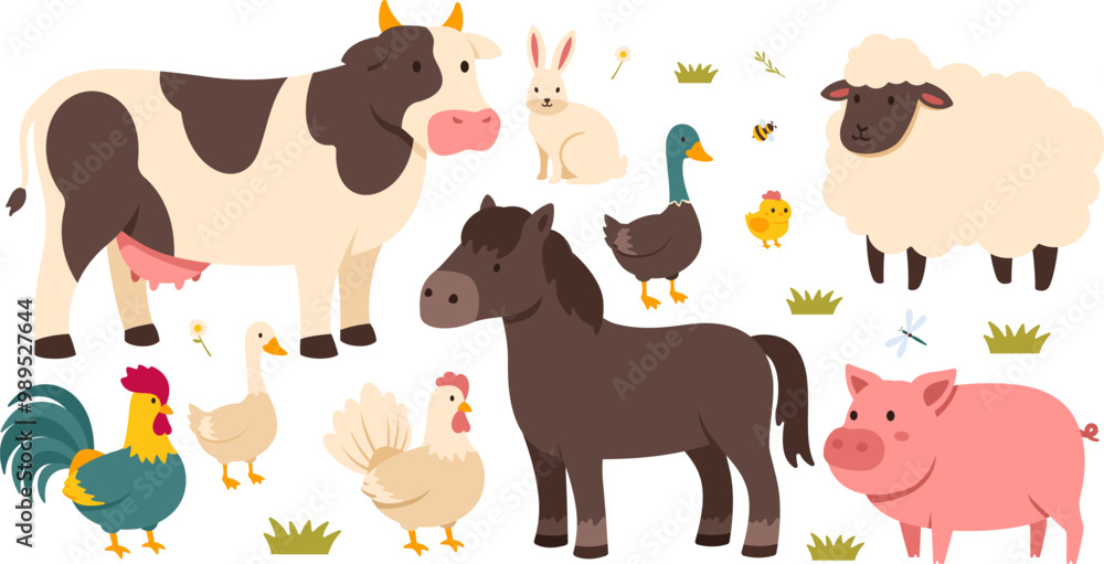 Obraz premium Farm animals set in flat style isolated on white background, Cute cartoon animals, sheep, cow, horse, pig, rabbit , duck, goose, chicken