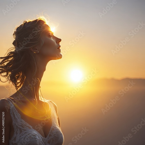 Lady with sun over mists in her mind. Psychological wellness idea