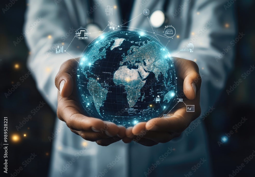 Doctor Holding Earth Surrounded by Medical Icons – Global Health Care and Telemedicine Concept Doctor Holding Earth Surrounded by Medical Icons – Global Health Care and Telemedicine Concept
