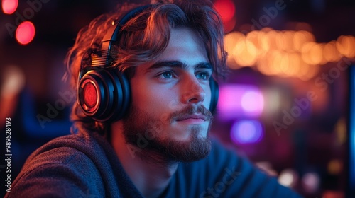 handsome man with headphone, neon color