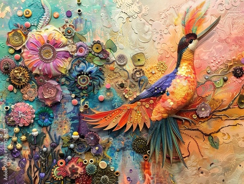 Colorful Bird in a Floral Paradise - Abstract Mixed Media Art