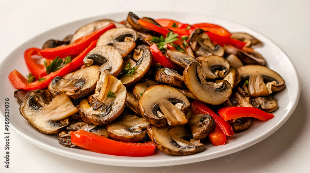 A white plate topped with an assortment of mushrooms and red peppers.