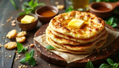 Moroccan Msemen Flatbread Served with Honey and Butter (Moroccan Cuisine) photo