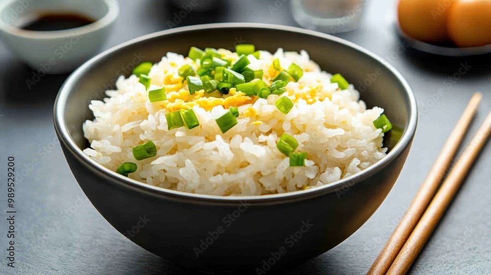 Freshly Cooked Rice Bowl with Green Onions Garnish Freshly Cooked Rice Bowl with Green Onions Garnish