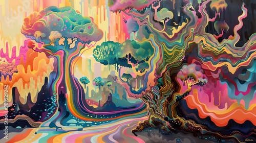 Abstract Psychedelic Landscape with Flowing Lines and Vibrant Colors