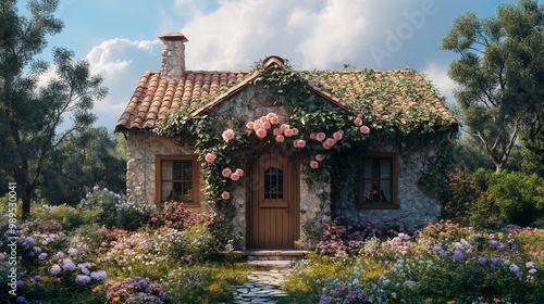 A cozy small house surrounded by a lush garden filled with blooming flowers. The house is made of rustic stone with a charming wooden door and windows, with vines of roses climbing up the walls