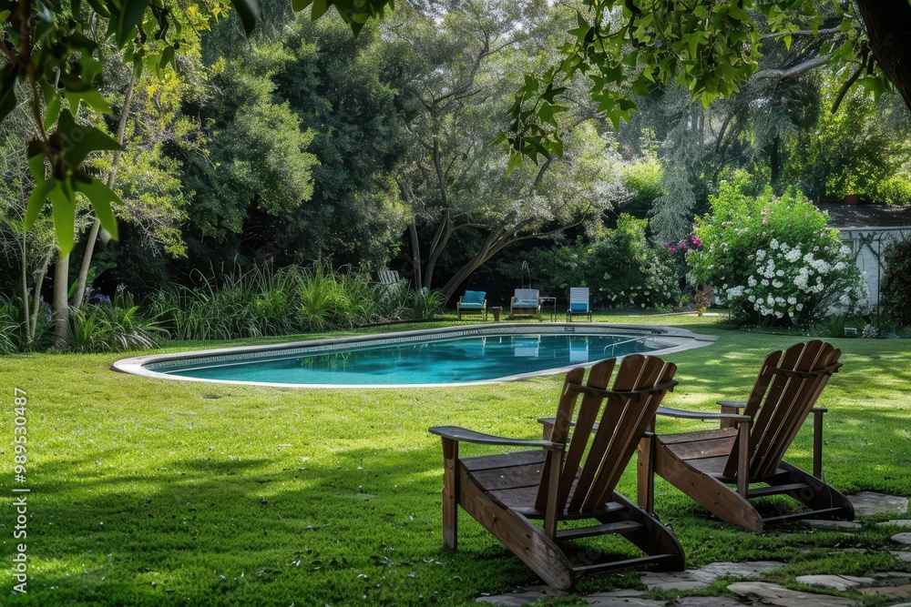 Backyard with lawn chairs and pool Backyard with lawn chairs and pool