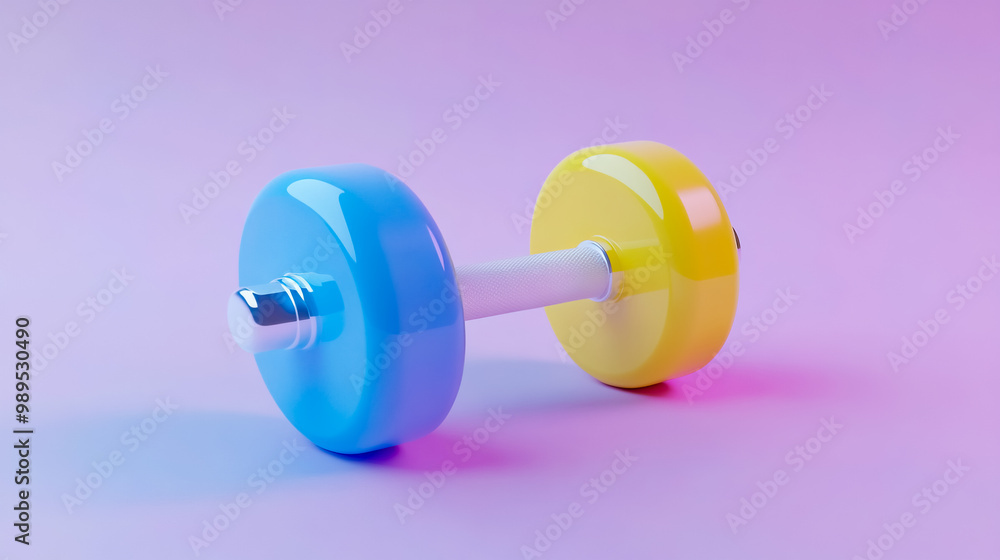 White dumbbell with colors of yellow, blue, and pink on color background. White dumbbell with colors of yellow, blue, and pink on color background.