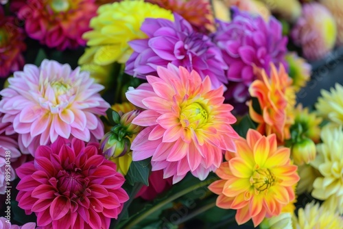 Assortment of lively dahlia flowers in spring at market