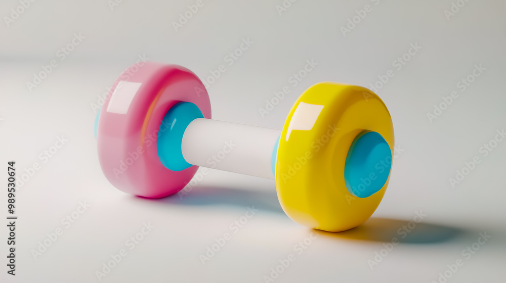 White dumbbell with colors of yellow, blue, and pink on color background. White dumbbell with colors of yellow, blue, and pink on color background.