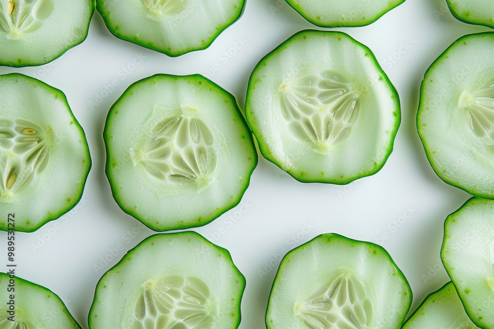 Close up of fresh cucumber slices on white background Close up of fresh cucumber slices on white background