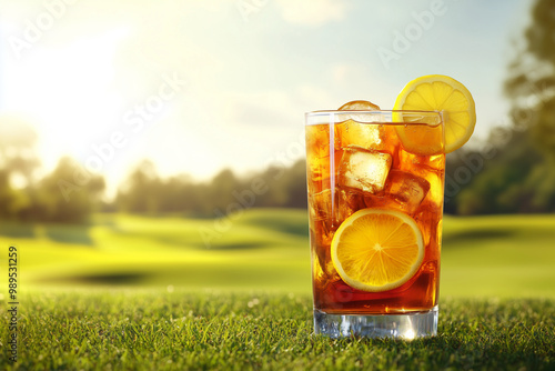 Arnold Palmer cocktail in tall glass with lemon slices, sunlit golf course background