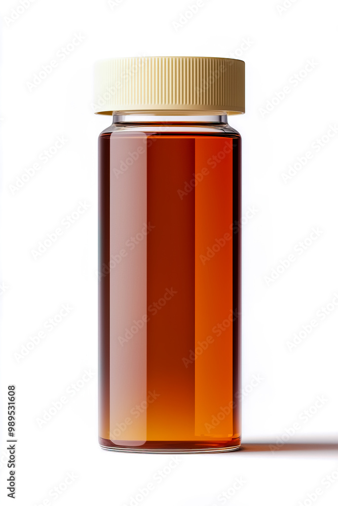 Liquid in a cylindrical glass bottle with a cream-colored lid, isolated on a white background. Liquid in a cylindrical glass bottle with a cream-colored lid, isolated on a white background.