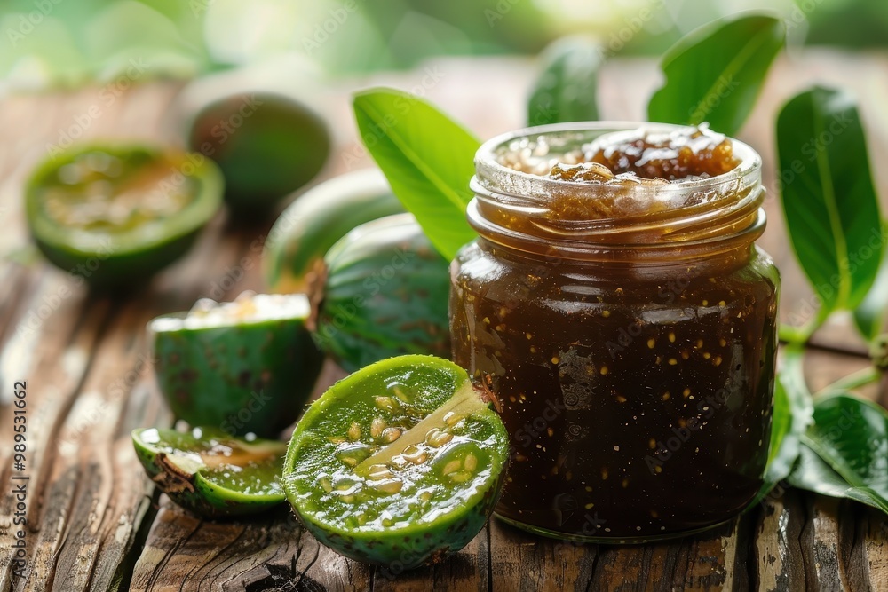 Closeup of delicious feijoa jam in glass jar on wooden table Closeup of delicious feijoa jam in glass jar on wooden table