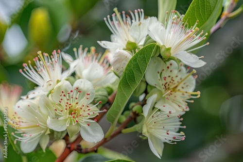 Closeup of Feijoa sellowiana flowers also known as Acca sellowiana photo