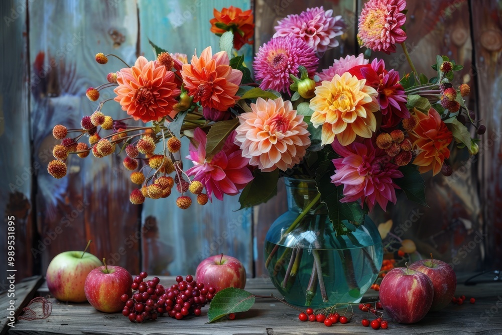 Colorful autumn bouquet with flowers in vase on wooden table including dahlias and chrysanthemums Colorful autumn bouquet with flowers in vase on wooden table including dahlias and chrysanthemums