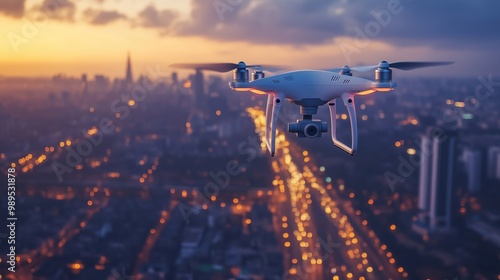 drone flying over city skyline at sunset capturing aerial views of urban infrastructure