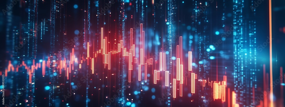 Vibrant digital sound waves represented by colorful bars and sparkling particles in a futuristic setting Vibrant digital sound waves represented by colorful bars and sparkling particles in a futuristic setting