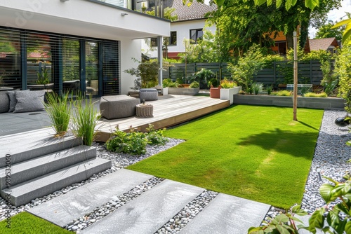 Contemporary garden design with cobble paving concrete slab turf and wood terrace